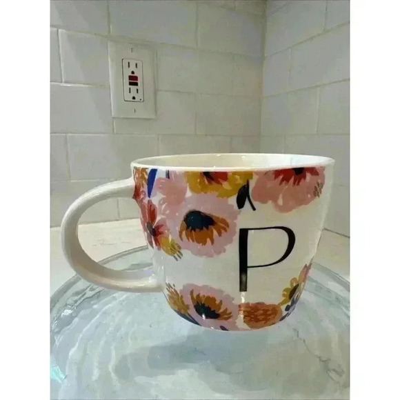 Opal House Mug "P" on White Background with Black Letter Spring Flowers - Picture 4 of 12